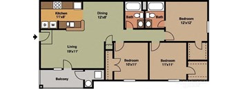 A floor plan of a house with a living room, two bedrooms, a kitchen, a dining room, and a balcony.