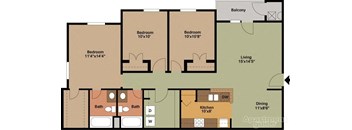 Apartment floor plan with three bedrooms, a living room, a dining room, a kitchen, and two bathrooms.