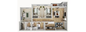 A 3D floor plan of a house with multiple rooms.