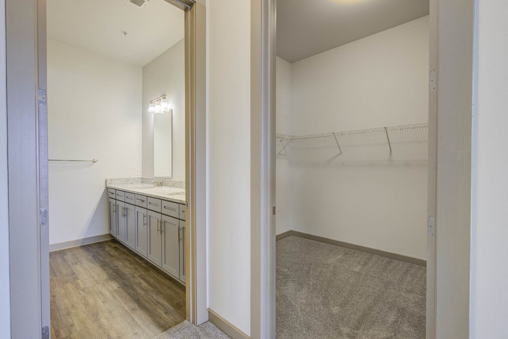 a bathroom with a vanity and a mirror and a closet