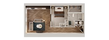 A floor plan of a house with a kitchen, living room, and bathroom.