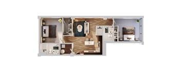 A cutaway view of a room showing a kitchen, living room, and bathroom.