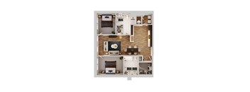 A top-down view of a house layout with a living room, dining area, kitchen, and bedrooms.