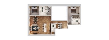 A top-down view of a small apartment layout with a kitchen, living room, and bathroom.
