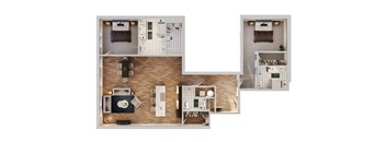 A dollhouse with a kitchen, living room, and bathroom.