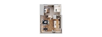 A top down view of a room with a dining table and chairs.