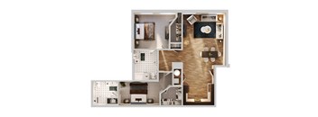 A floor plan of a house with a kitchen, living room, and two bedrooms.
