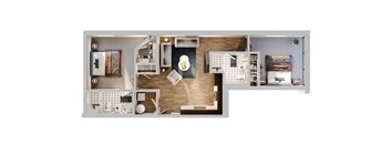 A floor plan of a small apartment with a kitchen, living room, and bedroom.