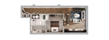 A 3D floor plan of a house with a kitchen, living room, and bathroom.