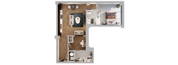 A top-down view of a small apartment with a kitchen, living room, and bedroom.
