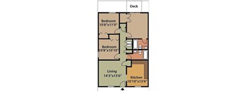 A floor plan of a deck with two bedrooms, a living room, a kitchen, and a bathroom.