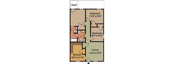 A floor plan of a deck with a kitchen, two bedrooms, and a living room.