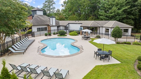 A large outdoor swimming pool surrounded by lounge chairs and umbrellas.
