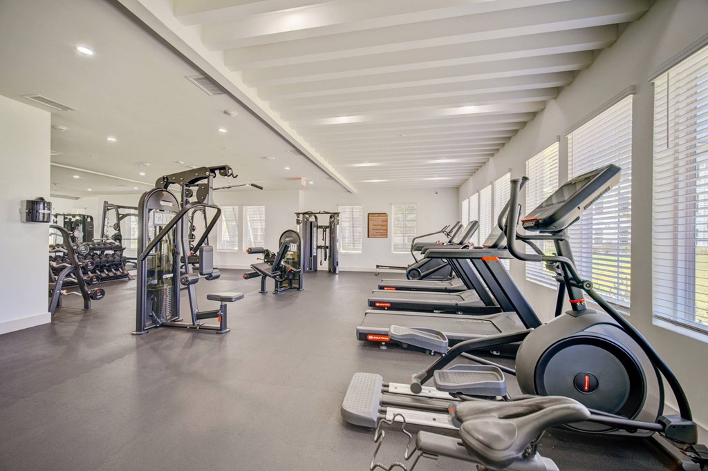 A gym with treadmills, elliptical machines, and other exercise equipment.
