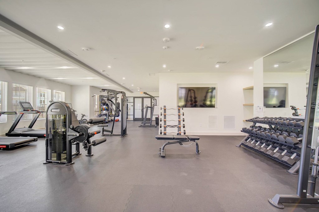 A spacious gym with a variety of equipment including treadmills, weights, and exercise machines.