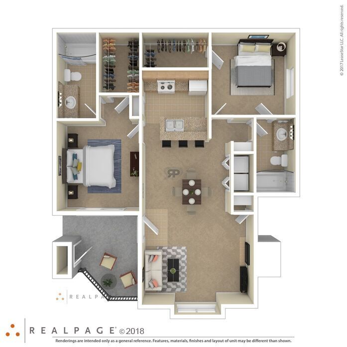 A floor plan of a house with a living room, two bedrooms, a bathroom, and a kitchen.