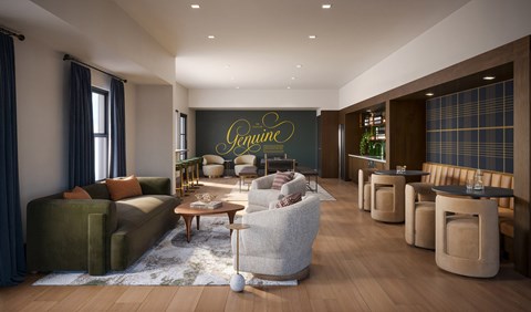 A modern living room with a green sofa and a wooden floor.