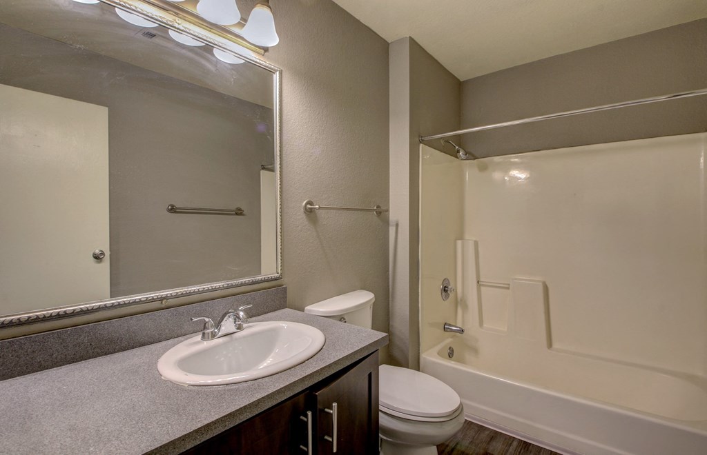 a bathroom with a shower sink and toilet and a mirror