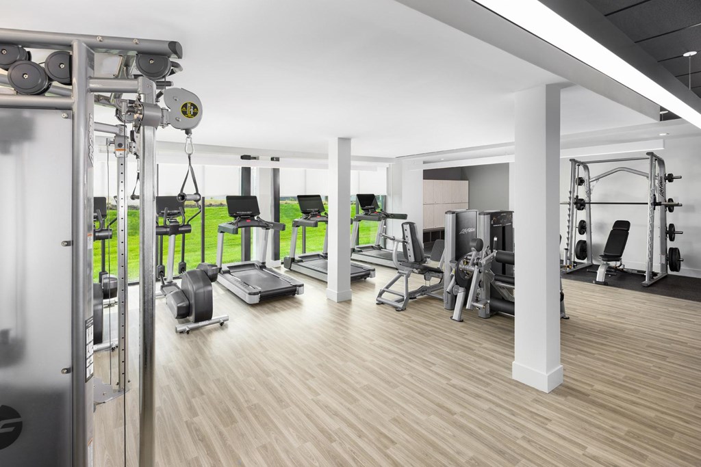 A gym with a variety of equipment including treadmills, weights, and exercise machines.