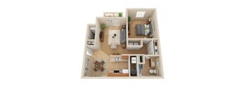 A 3D floor plan of a small apartment with a kitchen, living room, and bathroom.
