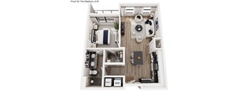 A top down view of a modern apartment layout.