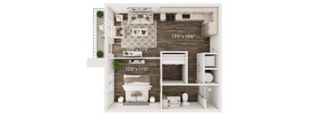 a floor plan of a bedroom with a bathroom and a living room