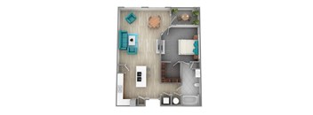 A top-down view of a small apartment with a kitchen, living room, and bathroom.