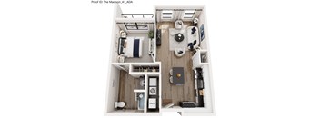 A top-down view of a modern apartment layout.