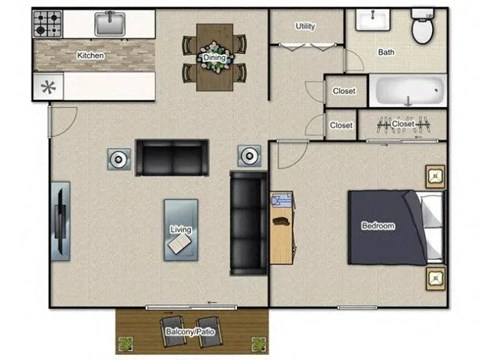 1 Bed 1 Bath Floor Plan |  645 Sq. Ft at Village 1373, Greensboro, 27455
