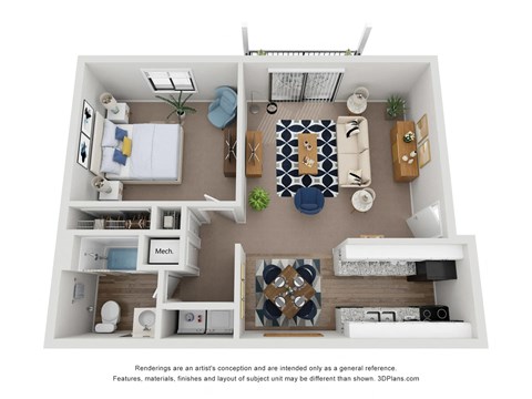 A1 Floor Plan | 645 Sq. Ft. at Village 1373, Greensboro