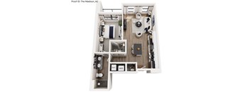 A top down view of a small apartment with a kitchen, living room, and bathroom.