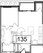 A drawing of a floor plan with the number 135 in a box.