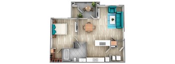 A top-down view of a modern apartment layout with a kitchen, living room, and bathroom.
