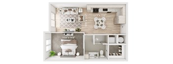a 3d floor plan of a house with a bedroom and a living room