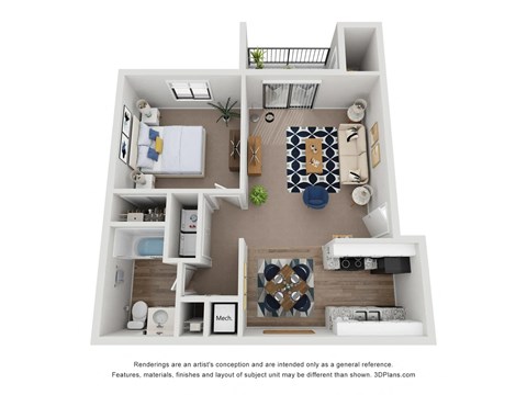 1 Bed 1Bath Floor Plan |  695 Sq. Ft. at Village 1373, Greensboro, North Carolina 27455