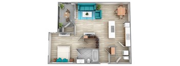 A top-down view of a living room, kitchen, and dining area.