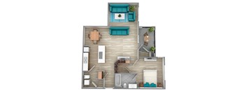 A top-down view of a two-story apartment with a living room, kitchen, and bathroom.