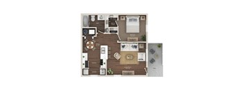 A floor plan of a small apartment with a living room, kitchen, and bedroom.