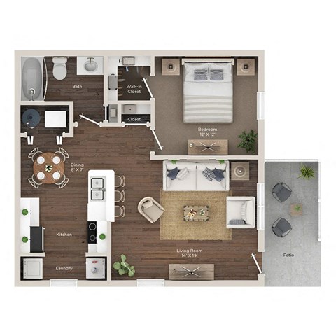 A floor plan of a small apartment with a living room, kitchen, and bedroom.