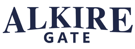 The image shows the text "ALKIRE GATE" in dark blue letters on a black background.