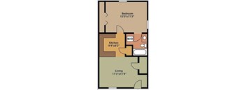 A floor plan of a room with a bedroom, kitchen, and living room.