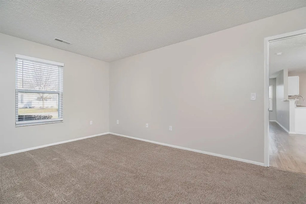 A room with a carpeted floor and a window with blinds.