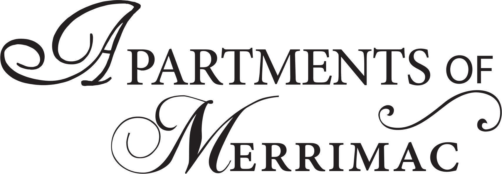A black and white image with the words "Apartments of Merrimac" written in a decorative font.