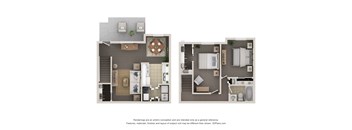 A floor plan of a house with two bedrooms, a living room, a kitchen, and a bathroom.