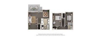 A floor plan of a two-bedroom apartment with a living room, kitchen, and bathroom.