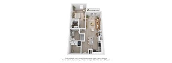 A 3D floor plan of a small apartment with a kitchen, living room, and bathroom.