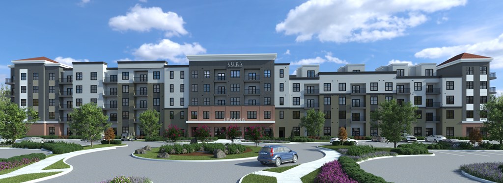 a rendering of an apartment building with cars parked in front of it at Aura Stonebridge, Richmond, VA 23225