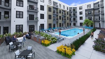 apartment building with a swimming pool at Aura Stonebridge, Richmond, VA
