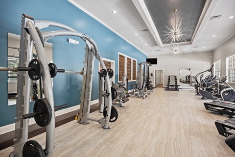 a gym with weights and other exercise equipment and a light blue wall