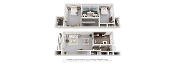 A 3D floor plan of a house with two bedrooms, a living room, a kitchen, and a bathroom.